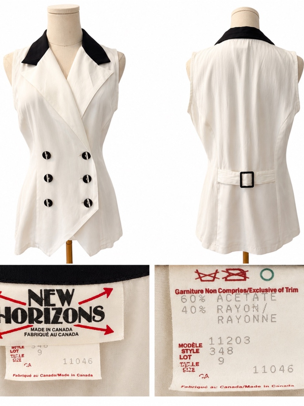 New Horizons White Sleeveless Double-Breasted Vest with Black Collar